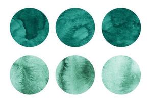 Grün Aquarell Kreise Satz. Smaragd Aquarell Muster. Grün runden geometrisch Formen auf Weiß Hintergrund. aquarelle Flecken auf Papier Textur. abstrakt Kunst. Vorlage zum Ihre Design. foto