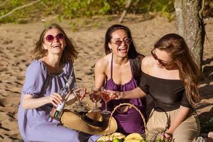 drei heiter Freundinnen beim ein Sommer- Picknick. glücklich Frauen foto