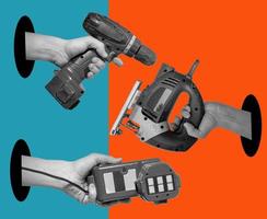 Kunst Collage von Hände mit elektrisch Werkzeuge auf ein surreal Hintergrund. foto