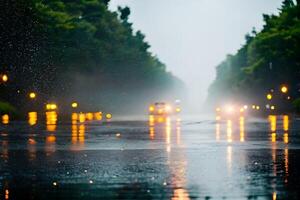 schwer Regen fallen beim Mitte von das Straße Oberfläche Bokeh Hintergrund. foto