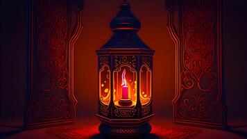 Ramadan kareem Feier mit Arabisch Laternen, Bokeh, und Neon- Beleuchtung schafft ein zauberhaft Atmosphäre auf ein Bühne Hintergrund. Ideal zum Tapeten und Banner. generativ ai. foto