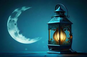 virtuell Ramadan kareem Feier mit KI-generiert Arabisch Laterne, Kerze, und Mond auf ein Blau Hintergrund foto