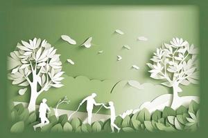 Laube Tag Banner. Papier Schnitt Illustration von zwei Erwachsene Silhouetten Pflanzen ein klein Baum im Natur zum grüner das Welt Umgebung foto