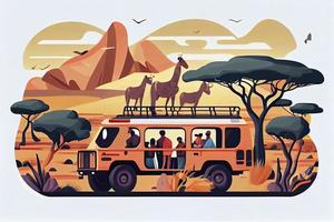 Menschen im Safari Tour, Savanne wild Landschaft Vektor Illustration. Karikatur Gruppe von Tourist Zeichen foto