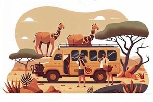 Menschen im Safari Tour, Savanne wild Landschaft Vektor Illustration. Karikatur Gruppe von Tourist Zeichen foto