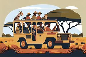 Menschen im Safari Tour, Savanne wild Landschaft Vektor Illustration. Karikatur Gruppe von Tourist Zeichen foto