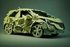 Grün elektrisch Auto gemacht von Blätter, nachhaltig und verlängerbar Ressourcen, Öko Leistung foto
