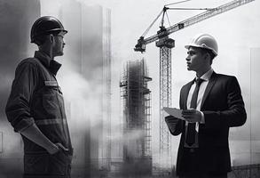 Diskussion von Arbeit durch ein bürgerlich Ingenieur mit ein Architekt beim ein Konstruktion Seite? ˅ gegen das Hintergrund von ein Turm Kran und ein hoch erhebt euch Gebäude unter Konstruktion foto