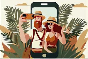 ein Tourist Paar nehmen Selfie Fotos zusammen auf Telefon. Mann und Frau gehen Besichtigung auf Sommer- Urlaub