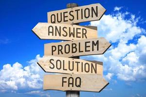 Frage, antworten, Problem, Lösung, FAQ - - hölzern Wegweiser mit fünf Pfeile