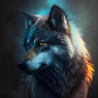 ai generiert Wolf Tier auf dunkel Hintergrund foto