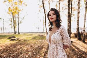 Hochzeit. jung schön Braut mit Frisur und bilden posieren im Weiß Kleid und Schleier. Sanft Sonnenuntergang Licht Sommer- Porträt. Mädchen suchen im Kamera foto