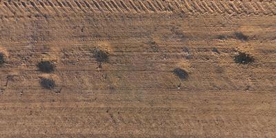 Draufsicht auf die Oberfläche der Schotterstraße aus kleinen Steinen und Sand mit Spuren von Autoreifen foto