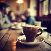 Kaffee Tasse auf das Tabelle mit verschwommen Kaffee Geschäft im Hintergrund, erstellt mit generativ ai foto