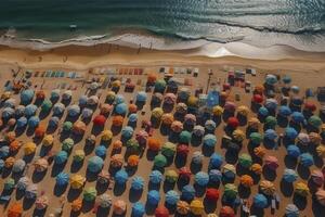Antenne Aussicht beim überfüllt Strand, erstellt mit generativ ai foto