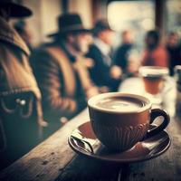 Kaffee Tasse auf das Tabelle mit verschwommen Kaffee Geschäft im Hintergrund, erstellt mit generativ ai foto