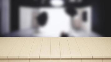 realistisch Holz Tabelle oben Vorderseite Aussicht 3d machen mit ein verschwommen Hintergrund foto