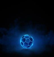 Fußball Ball mit hell Blau glühend Neon- Linien auf dunkel Hintergrund mit Rauch. 3d machen foto