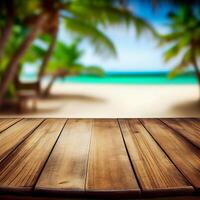 alt hölzern Tabelle oben auf verschwommen Strand Hintergrund mit Kokosnuss Palme Blatt. Konzept Urlaub, Sommer, Strand, Meer - - ai generiert Bild foto