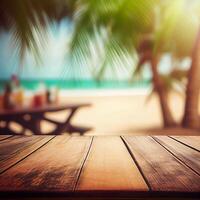 alt hölzern Tabelle oben auf verschwommen Strand Hintergrund mit Kokosnuss Palme Blatt. Konzept Urlaub, Sommer, Strand, Meer - - ai generiert Bild foto