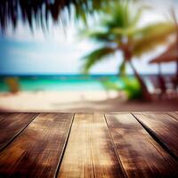 alt hölzern Tabelle oben auf verschwommen Strand Hintergrund mit Kokosnuss Palme Blatt. Konzept Urlaub, Sommer, Strand, Meer - - ai generiert Bild foto