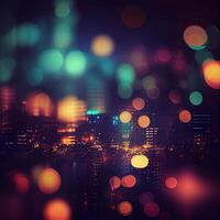 Stadt Nacht Landschaft Bokeh, verschwommen Illustration, städtisch Landschaft beim Dämmerung Zeit - - ai generiert Bild foto