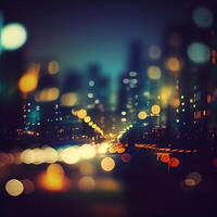 Stadt Nacht Landschaft Bokeh, verschwommen Illustration, städtisch Landschaft beim Dämmerung Zeit - - ai generiert Bild foto