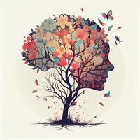 Mensch Gehirn Baum mit Blumen und Schmetterlinge, Konzept von selbst Pflege, Geist, Ideen, Kreativität - - ai generiert Bild foto