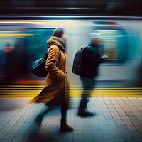 U-Bahn Bahnhof, Beschleunigen schnell Zug, Menschen eilen zu das elektrisch Zug, verschwommen Hintergrund - - ai generiert Bild foto