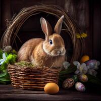 flauschige Ostern Hase mit ein Korb von festlich Ostern Eier - - ai generiert Bild foto