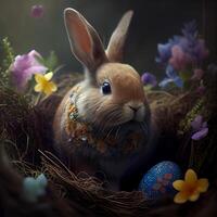 flauschige Ostern Hase mit ein Korb von festlich Ostern Eier - - ai generiert Bild foto