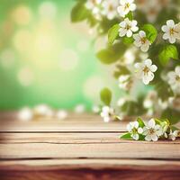 Frühling Jahreszeit blühen Pflanze Geäst mit hölzern Tabelle Stand, Blumen- Hintergrund - - ai generiert Bild foto