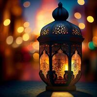 aufwendig Original traditionell orientalisch asiatisch Laterne mit schön Bokeh von Urlaub Beleuchtung und Moschee im das Hintergrund - - ai generiert Bild foto