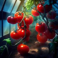 saftig reif Tomaten wachsend im ein Gewächshaus - - ai generiert Bild foto