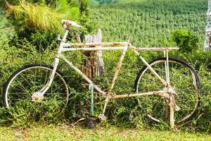 Altes weißes Fahrrad mit Rost im Garten foto