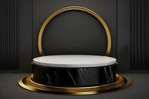 modern leeren Weiß Marmor Podium mit luxuriös schwarz und golden Hintergrund, Luxus elegant Podium zum Produkt Anzeige, oben Sockel oder leer Podium Regal mit Luxus Hintergrund, kostenlos Foto