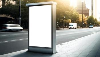 leeren Straßenrand Plakatwand Attrappe, Lehrmodell, Simulation zum Werbung, draussen Werbung Raum zum Marketing Banner, modern leeren Raum Werbung Planke, Bus Stand leeren Plakatwand foto