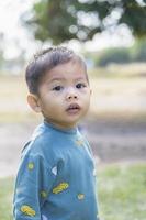 Porträt von ein wenig Junge suchen in das Kamera. Kinder- Emotionen. Junge mit schwarz Augen spielen draußen. glücklich asiatisch Kind Kleinkind Junge lächelnd schließen oben suchen beim Kamera. Bildung Konzept. foto