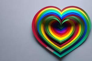 Regenbogen farbig Papier Schnitt aus im das Liebe Herz Form. Papier Kunst Regenbogen Herz Hintergrund mit 3d Wirkung, Herz gestalten im beschwingt Farben, Vektor Illustration. foto