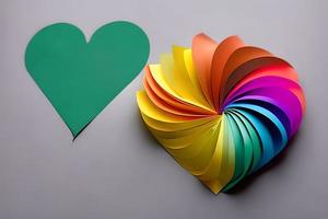 zwei Regenbogen farbig Papier Schnitt aus im das Liebe Herz Form. Papier Kunst Regenbogen Herz Hintergrund mit 3d Wirkung, Herz gestalten im beschwingt Farben, Vektor Illustration. foto