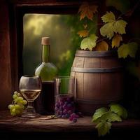 Brille und ein Flasche von rot Wein im ein Weinberg - - ai generiert Bild foto