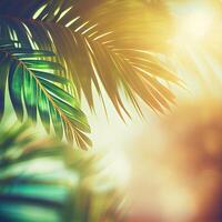 verwischen schön Natur Grün Palme Blatt auf tropisch Strand mit Bokeh Sonne Licht Fackel Welle abstrakt Hintergrund. Sommer- Ferien und Geschäft Reise Konzept Raum - - ai generiert Bild foto