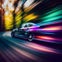 Auto Rennen beim hoch Geschwindigkeit, verschwommen Hintergrund - - ai generiert Bild foto