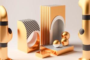 Foto 3d Rendern von das realistisch Gold Podium im Luxus und minimal Design mit golden Vorhänge