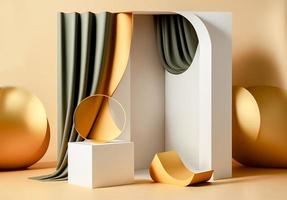 Foto 3d Rendern von das realistisch Gold Podium im Luxus und minimal Design mit golden Vorhänge