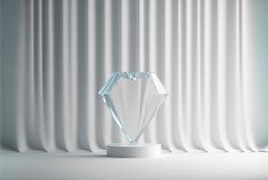 Foto Podium Glas Diamant mit glänzend Vorhang Luxus Weiß Hintergrund, 3d Produkt Anzeige