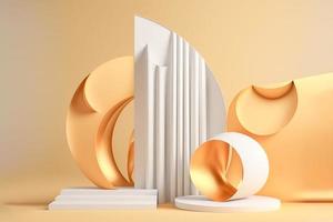 Foto 3d Rendern von das realistisch Gold Podium im Luxus und minimal Design mit golden Vorhänge