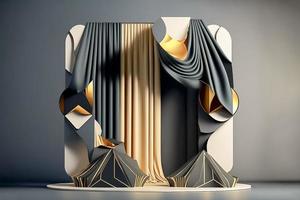 Foto 3d Rendern von das realistisch Gold Podium im Luxus und minimal Design mit golden Vorhänge