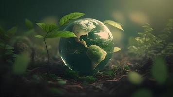 das zauberhaft Schönheit von ein Grün Glas Globus mit Grün Blätter gebadet im Morgen Sonnenlicht foto