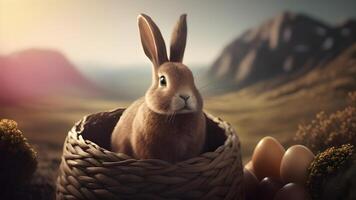 feiern Ostern mit ein süß Hase, bunt Eier, und viel von Kopieren Raum. ai generiert foto
